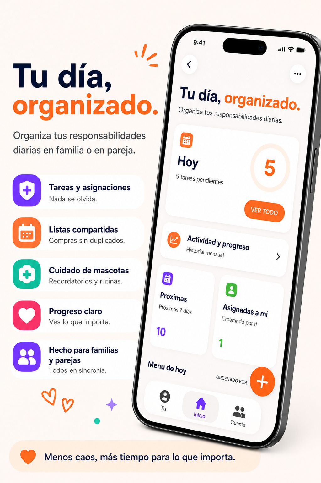 Famboos mostrando tareas, listas compartidas, cuidado de mascotas y progreso diario