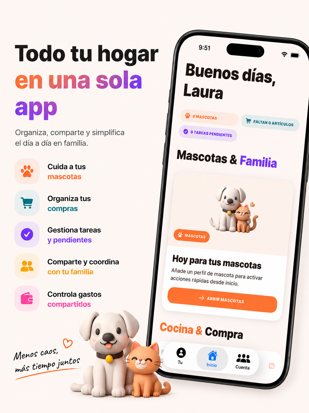 Famboos en móvil con módulos de mascotas, compras, tareas, familia y gastos compartidos