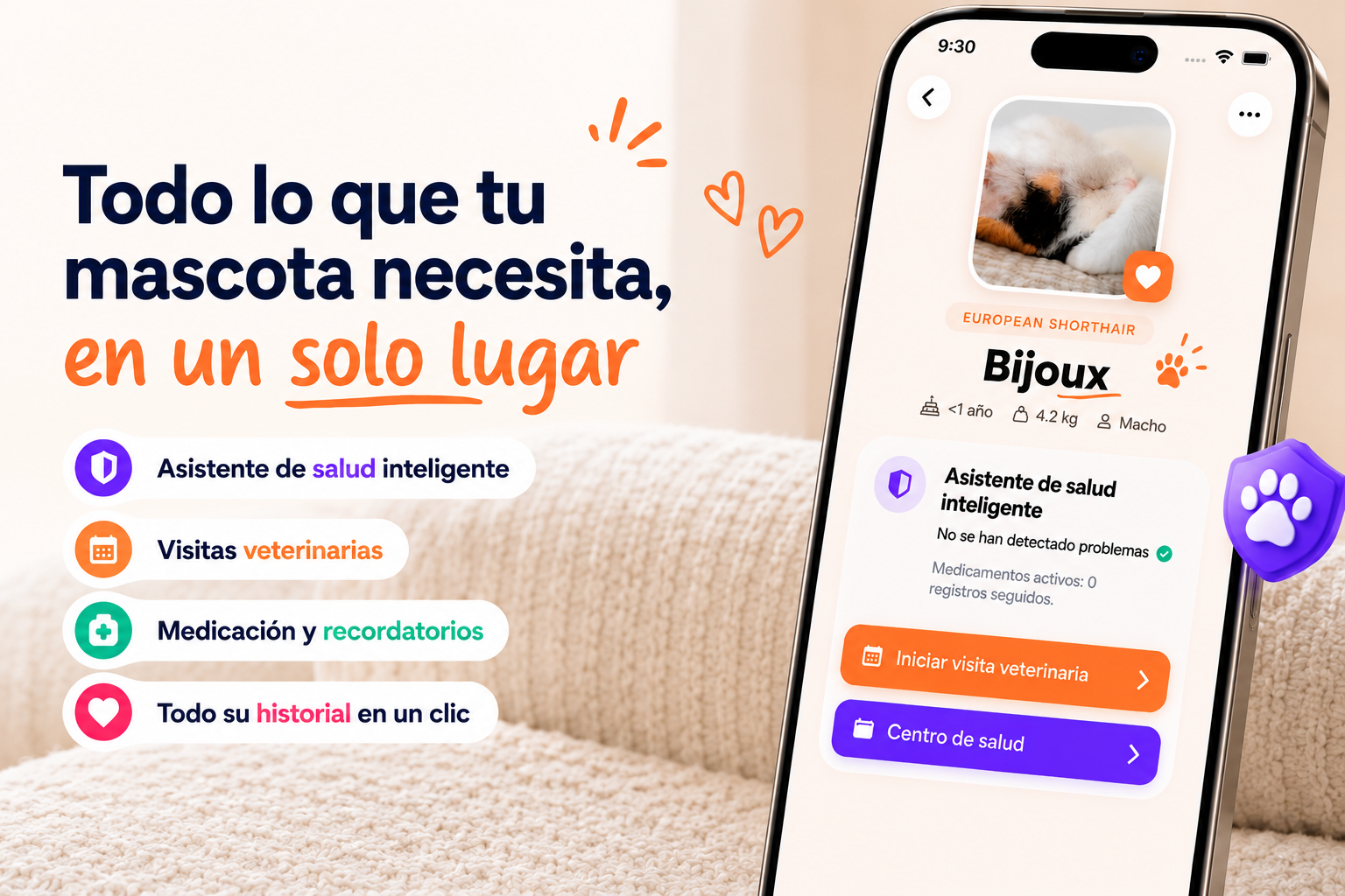 Perfil de mascota en Famboos con asistente de salud, visitas veterinarias, medicación e historial